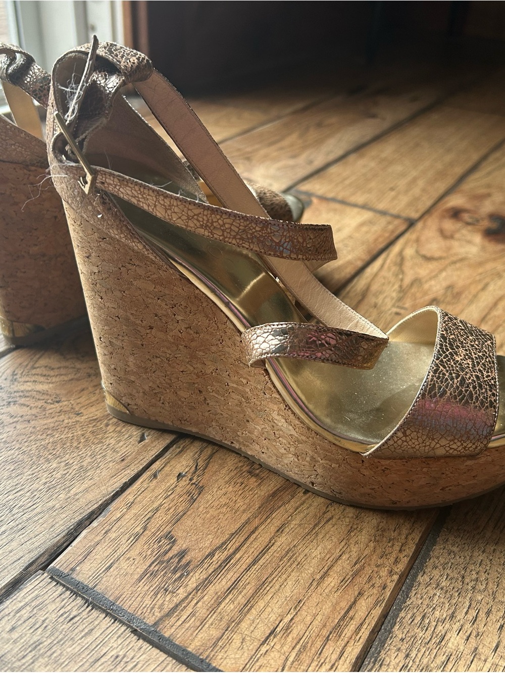 Jimmy Choo Metallic Rose Gold Cork Wedge Sandals
